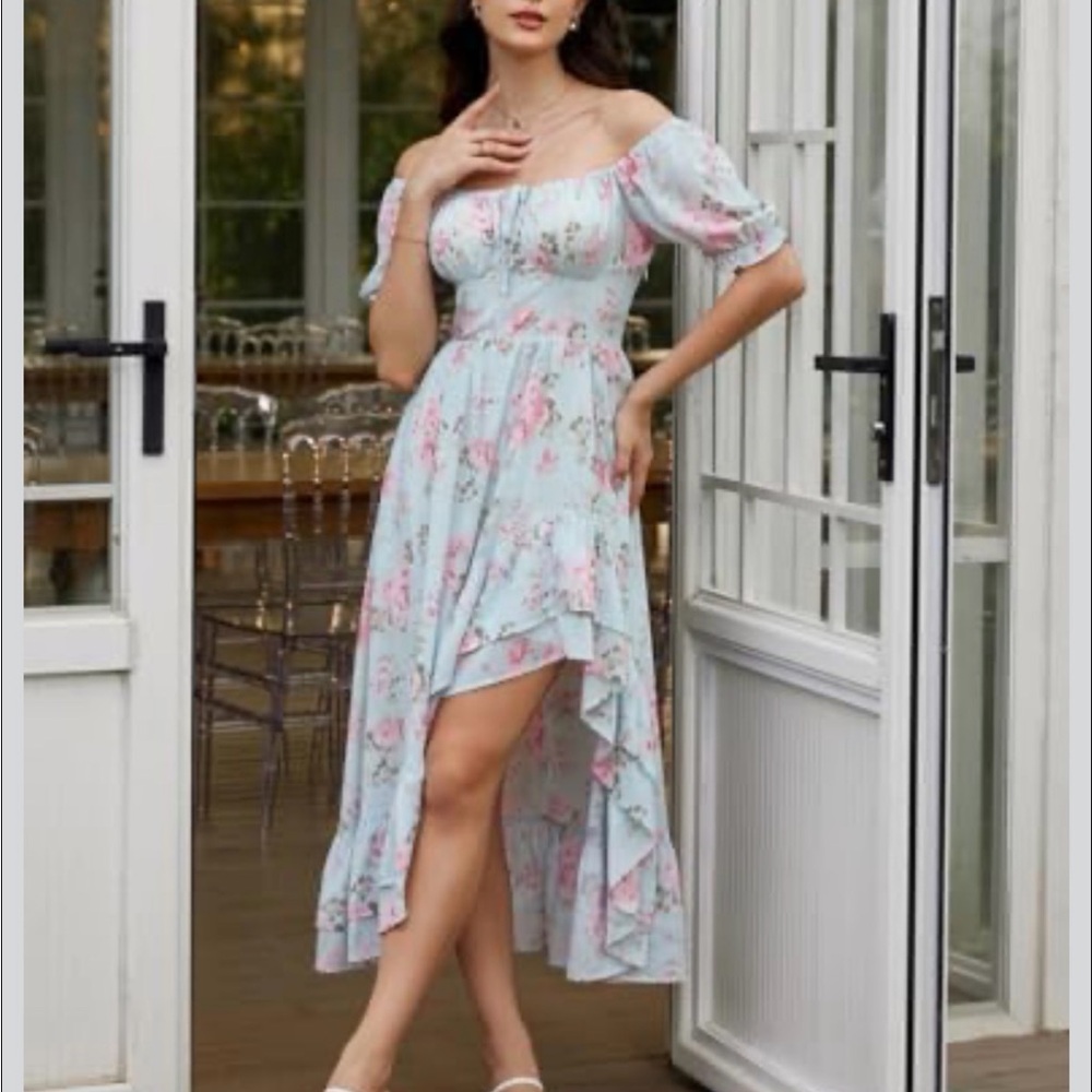 Scarlet Darkness Women’s Plus Sz 2XL Hi Low Dress Light Blue Floral Smocked NWT‎